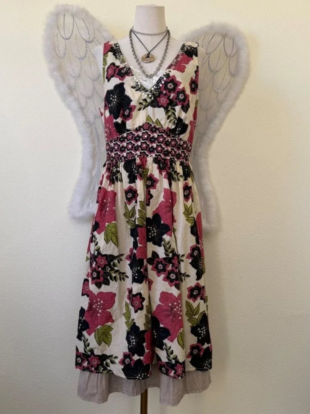 Earthy Mori Girl Whimsy Twee Floral Cotton Sequin V-Neck Dress‎ Sparkly Babydoll